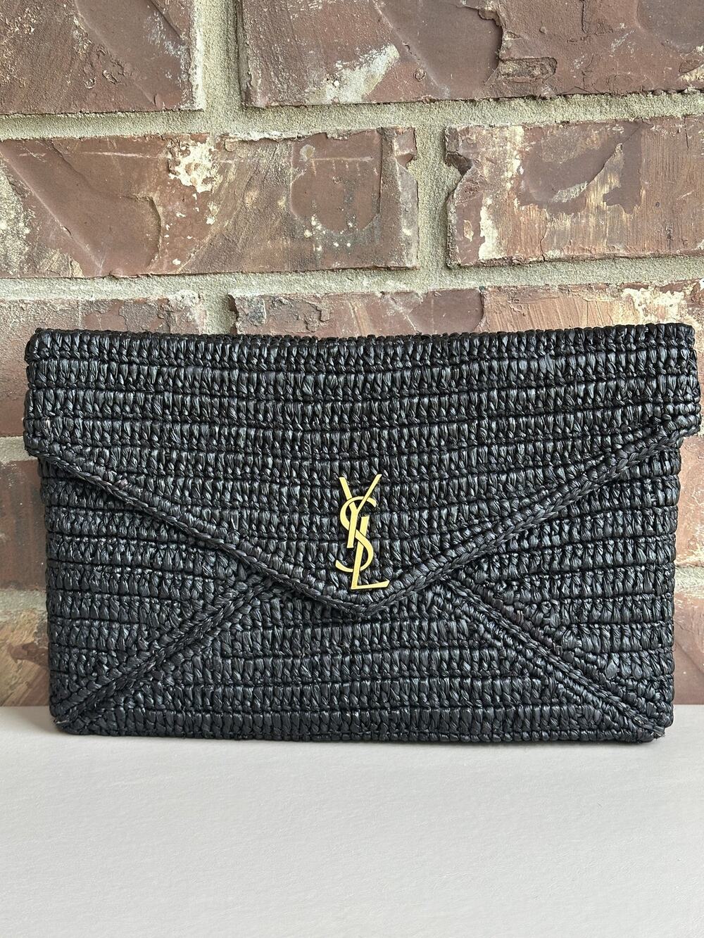 Saint Laurent Cassandre Envelope Clutch Raffia Large Black 42532